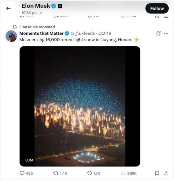 集采优配 浏阳万架无人机烟花秀刷新吉尼斯世界纪录，马斯克转发推荐，引发海外热议